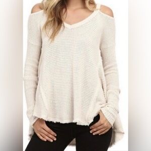 Free People Moonshine cold shoulder waffle weave knit vneck cream sweater Size S